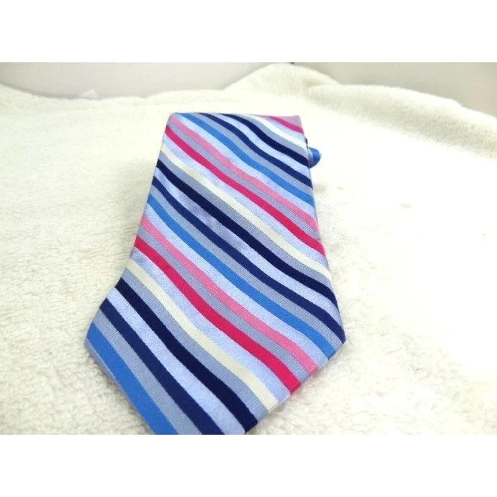 Tommy Hilfiger Necktie USA Made Silk Pink Blue Striped & Preppy Pattern